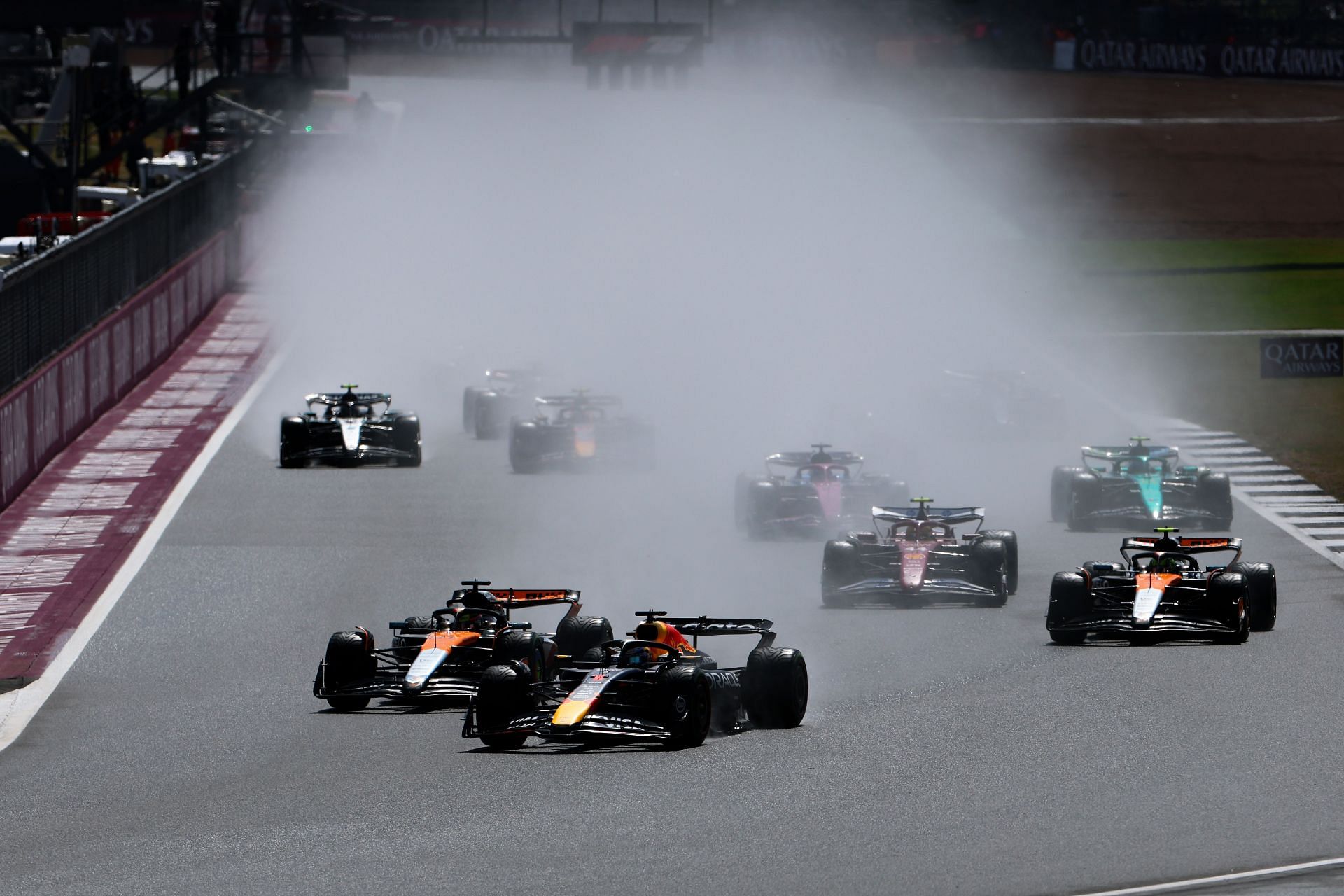 Max Verstappen (1) leads Oscar Piastri (81) and Lando Norris (4) during the British Grand Prix. Source: Getty